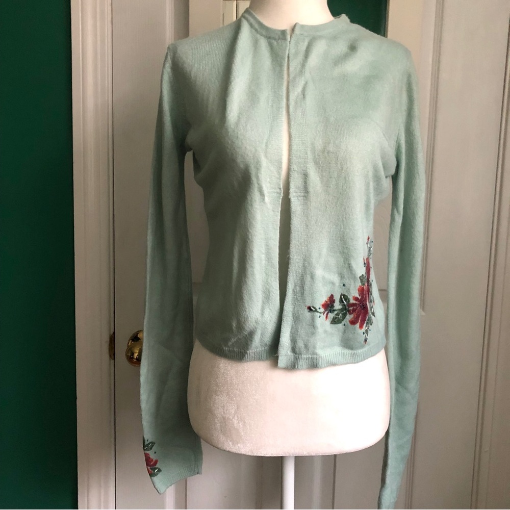 Free People mint green cardigan red floral embroidery Small